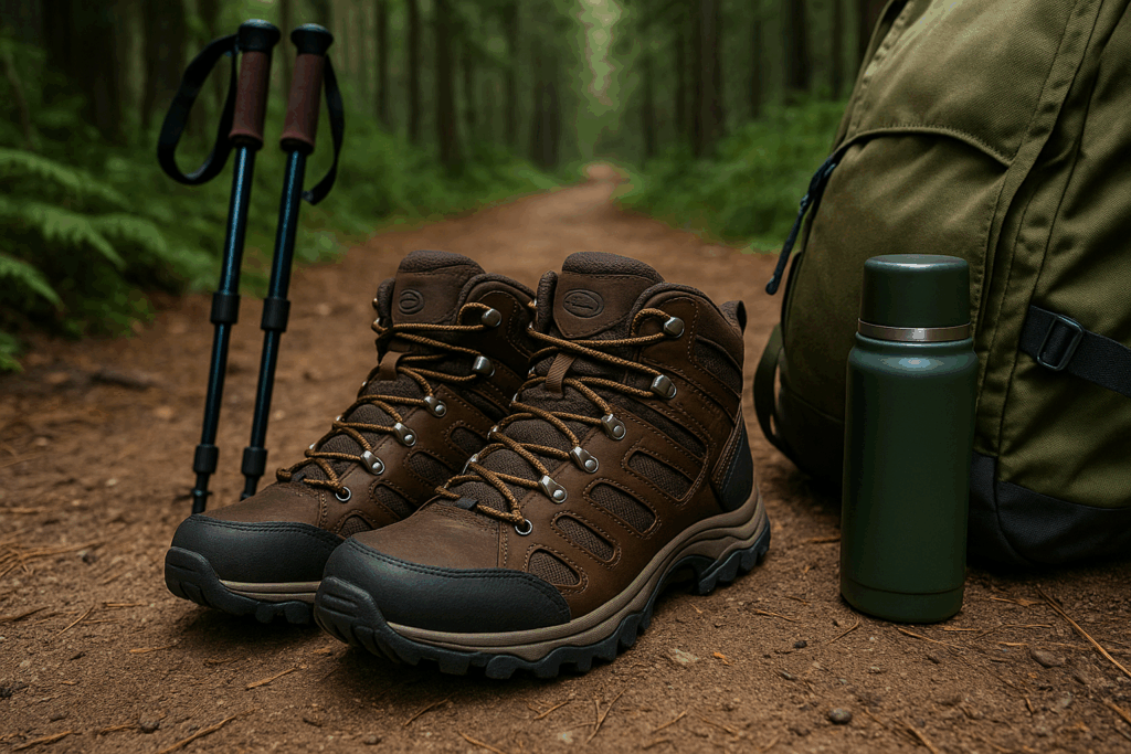 Close-up of sturdy brown hiking boots beside an olive backpack, trekking poles, and a green thermos on a dirt forest path